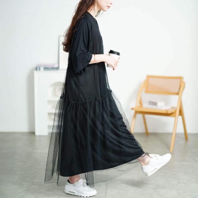 チュールドッキングドロストワンピース