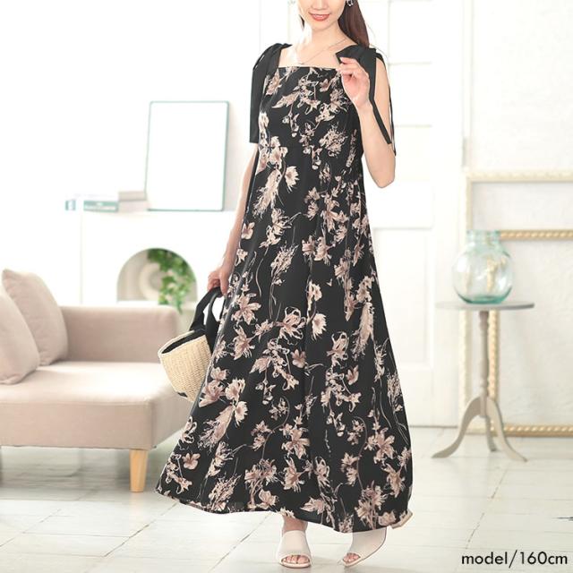 花柄肩リボンキャミワンピース