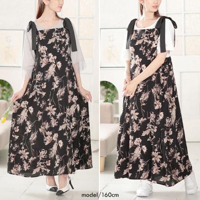 花柄肩リボンキャミワンピース