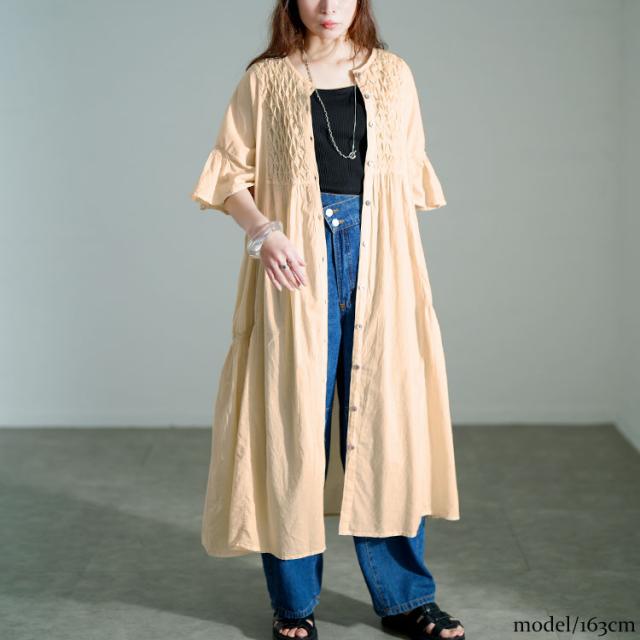 スモッキング刺繍ロングシャツワンピース