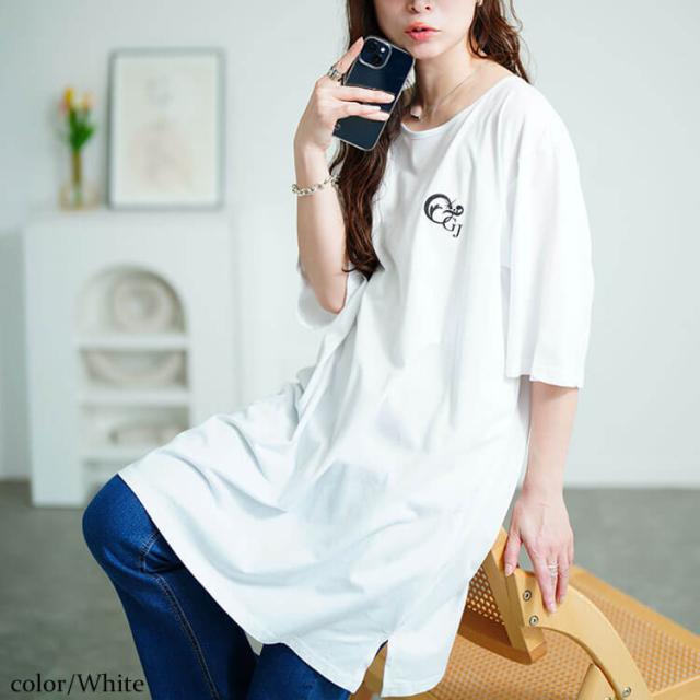 胸ロゴコットンチュニックTシャツ