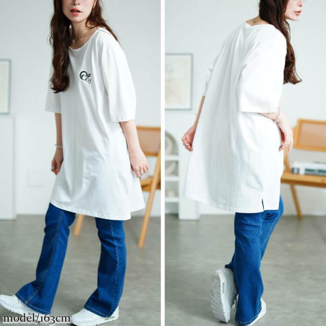 胸ロゴコットンチュニックTシャツ