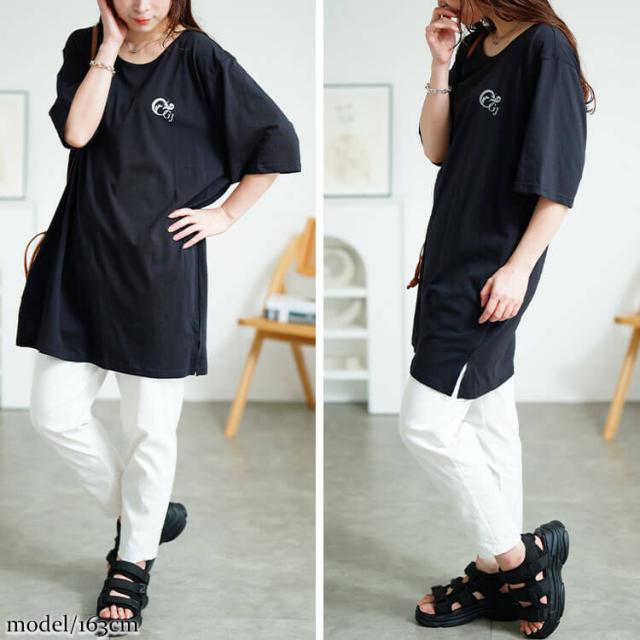 胸ロゴコットンチュニックTシャツ