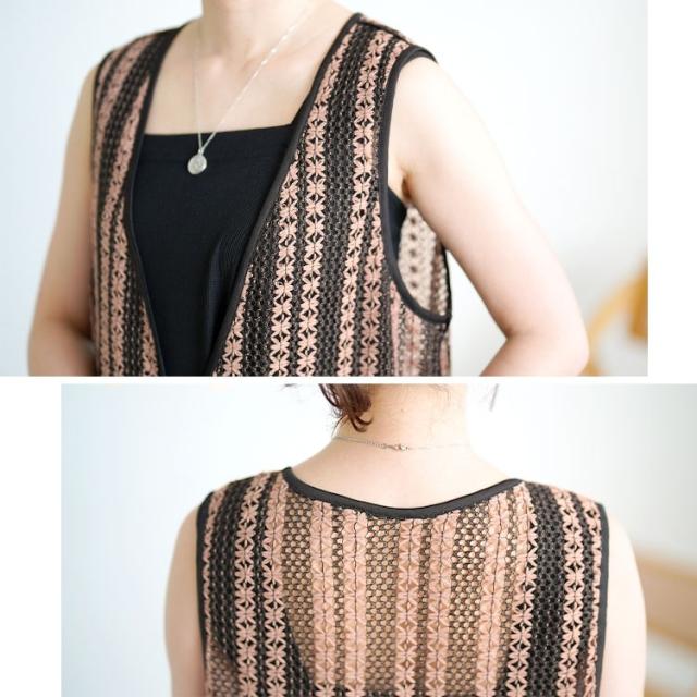 クロッシェ編みツートンレースロングジレ