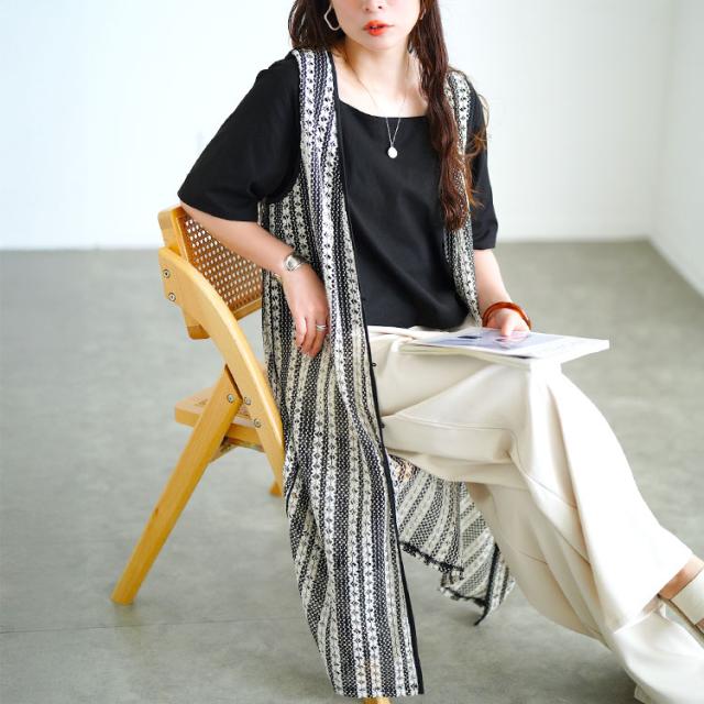 クロッシェ編みツートンレースロングジレ