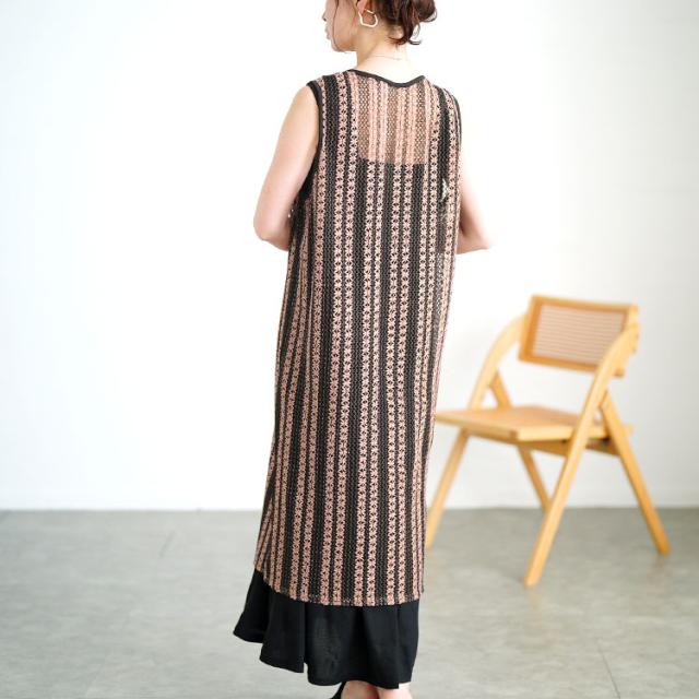 クロッシェ編みツートンレースロングジレ