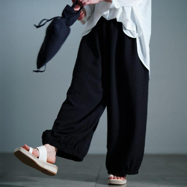 サッカー裾ギャザーワイドパンツ