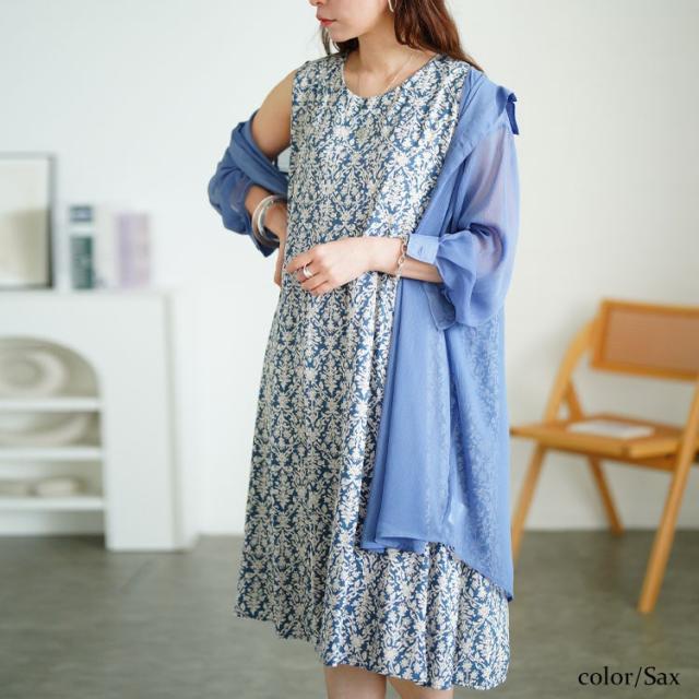 接触冷感花柄タックノースリーブワンピース