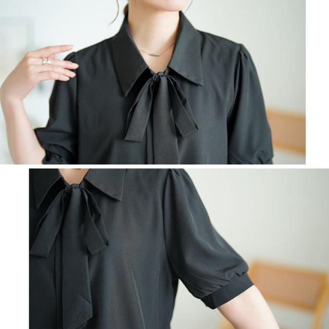 レギュラーカラーボウタイ半袖ブラウス