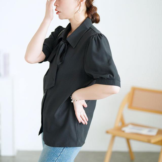 レギュラーカラーボウタイ半袖ブラウス