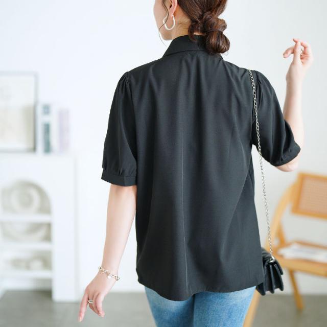 レギュラーカラーボウタイ半袖ブラウス