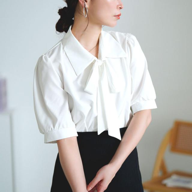 レギュラーカラーボウタイ半袖ブラウス