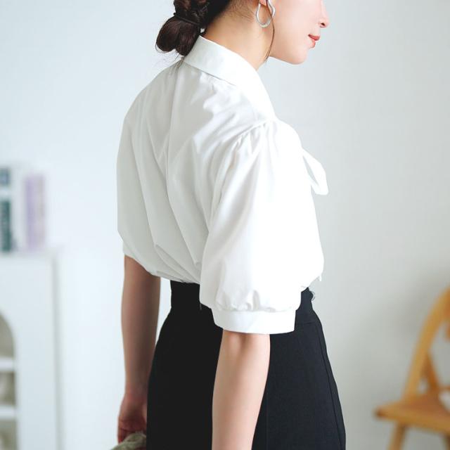 レギュラーカラーボウタイ半袖ブラウス