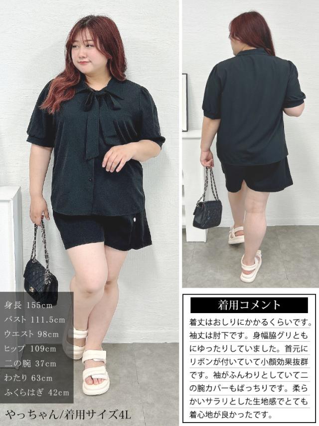 レギュラーカラーボウタイ半袖ブラウス