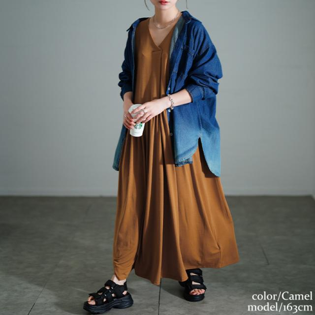 胸タックギャザー切り替えワイドワンピース