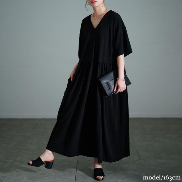 胸タックギャザー切り替えワイドワンピース