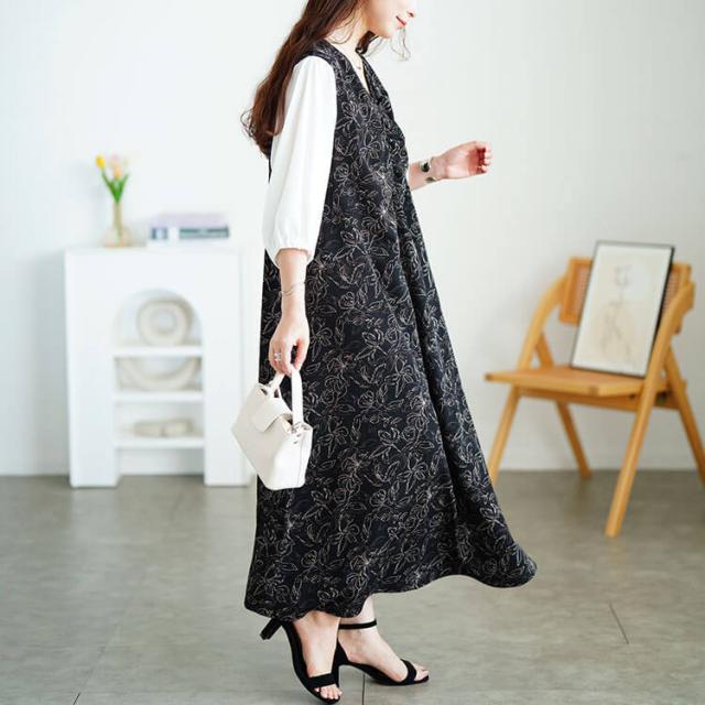 花柄胸元ギャザー重ね着風ワンピース