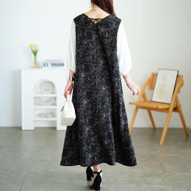 花柄胸元ギャザー重ね着風ワンピース