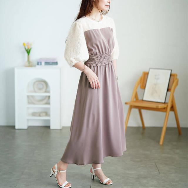 シャギー切り替えシャーリングワンピース