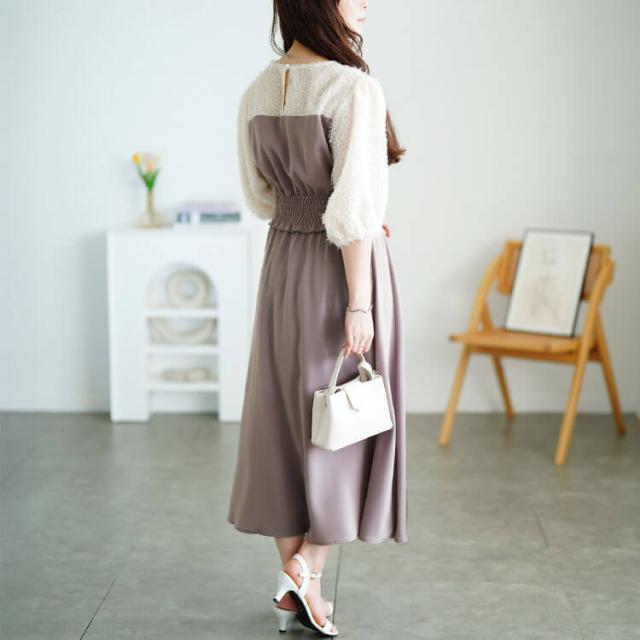 シャギー切り替えシャーリングワンピース