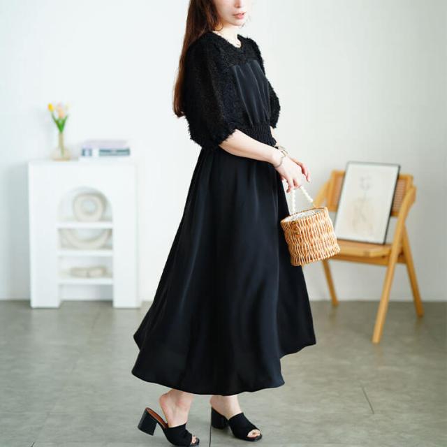 シャギー切り替えシャーリングワンピース