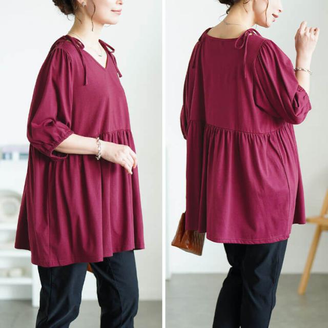 肩リボンペプラムVネックチュニック