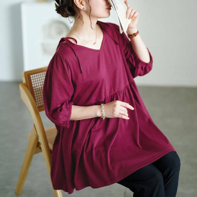 肩リボンペプラムVネックチュニック