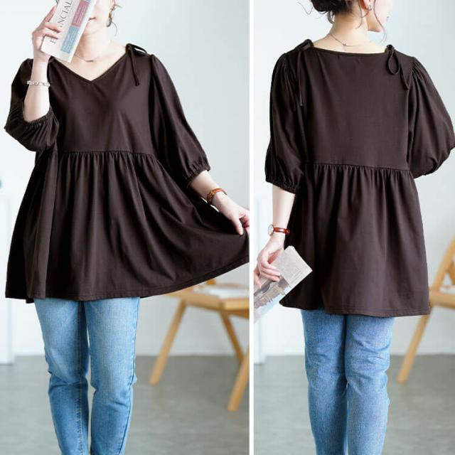 肩リボンペプラムVネックチュニック