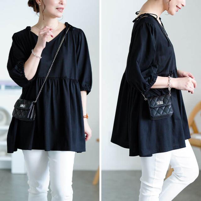 肩リボンペプラムVネックチュニック