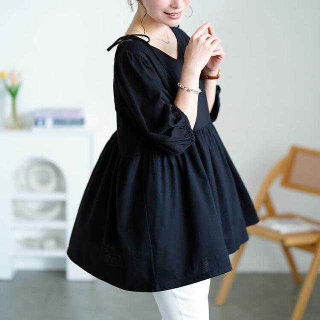 肩リボンペプラムVネックチュニック
