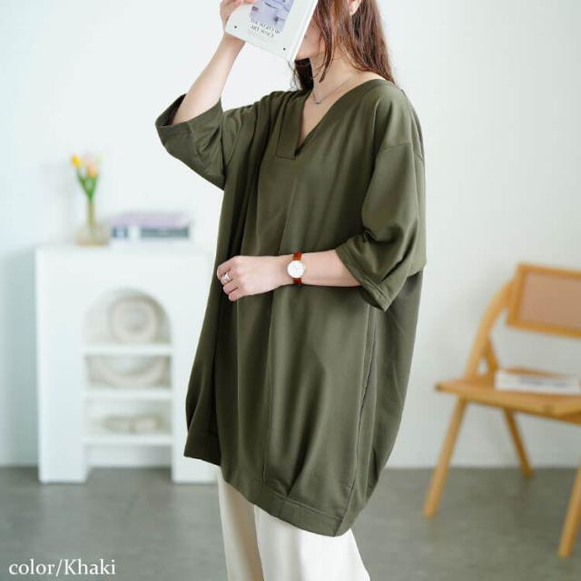 深Vネック裾タックコクーンチュニック