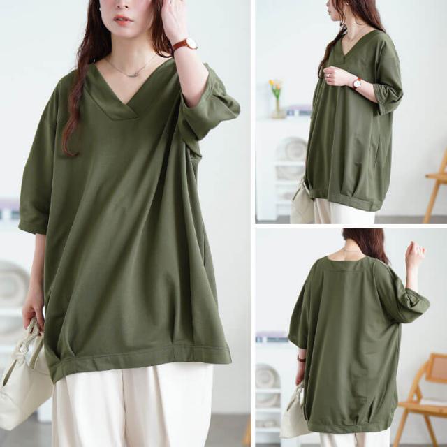 深Vネック裾タックコクーンチュニック
