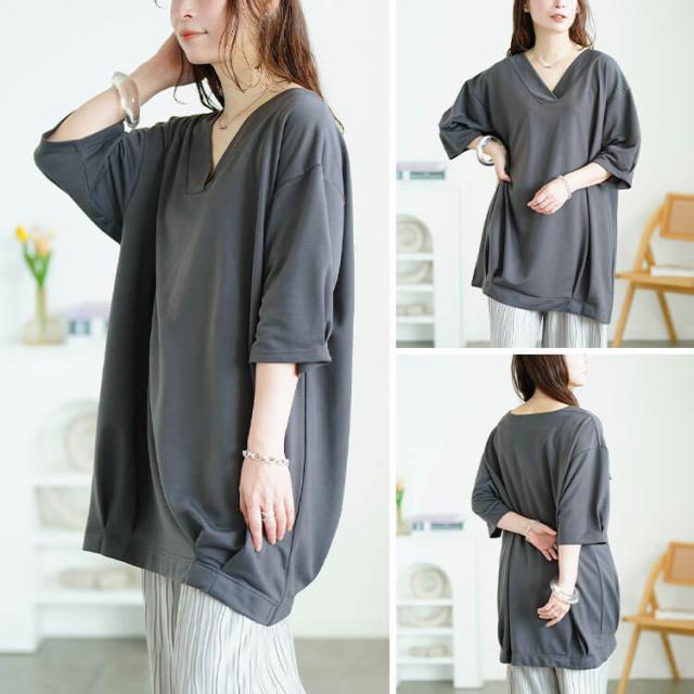 深Vネック裾タックコクーンチュニック
