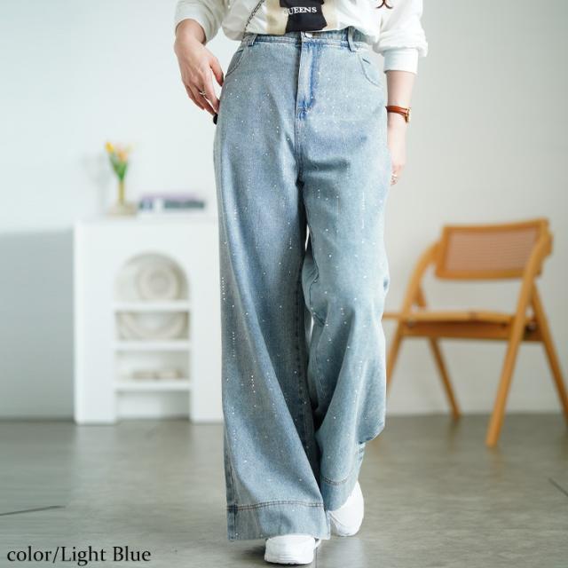 ラインストーンワイドデニムパンツ