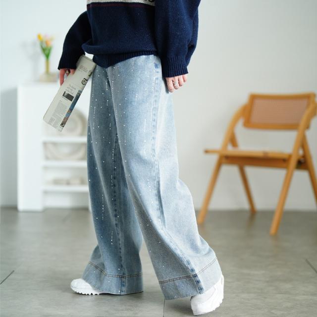ラインストーンワイドデニムパンツ