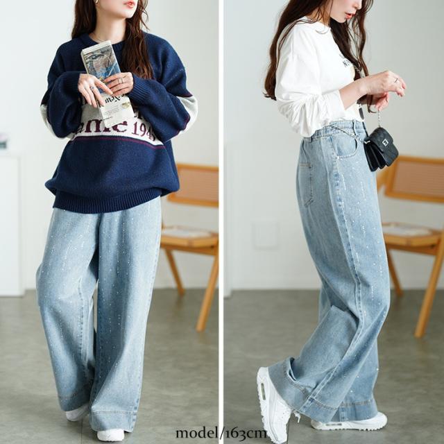 ラインストーンワイドデニムパンツ