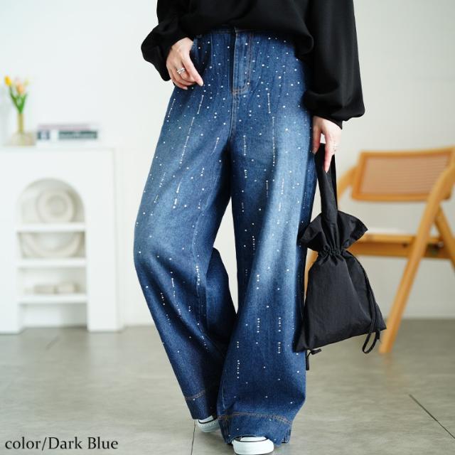 ラインストーンワイドデニムパンツ