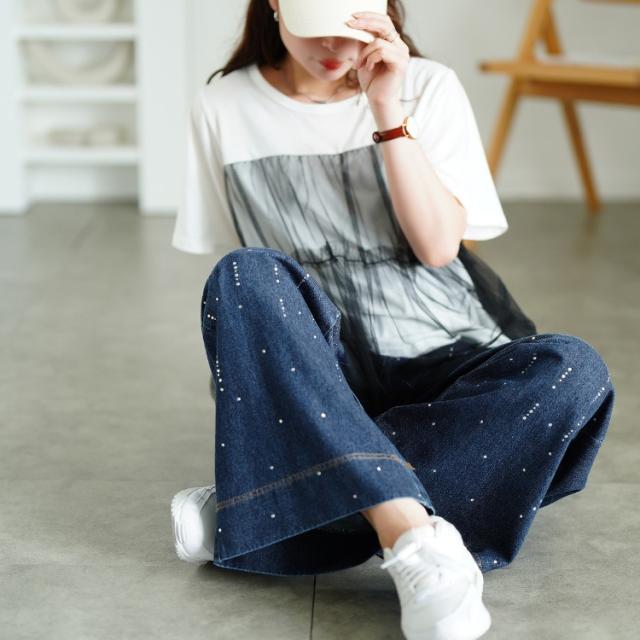 ラインストーンワイドデニムパンツ