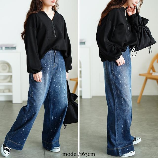 ラインストーンワイドデニムパンツ