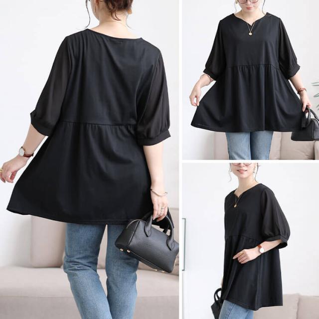袖シフォン切り替えペプラムチュニック