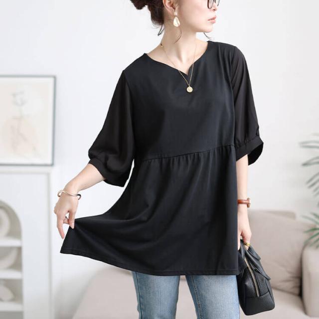 袖シフォン切り替えペプラムチュニック