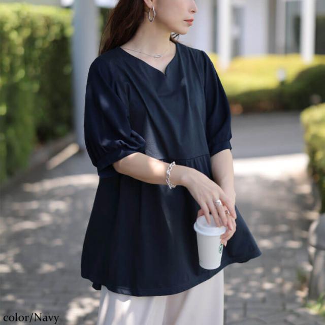 袖シフォン切り替えペプラムチュニック