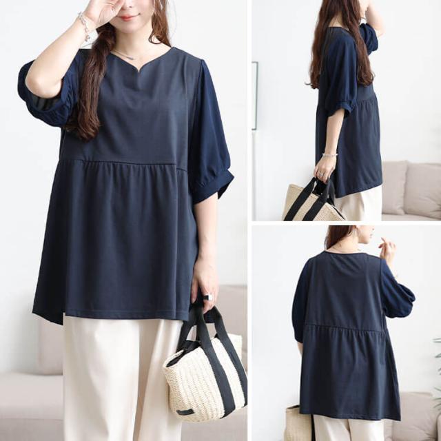 袖シフォン切り替えペプラムチュニック