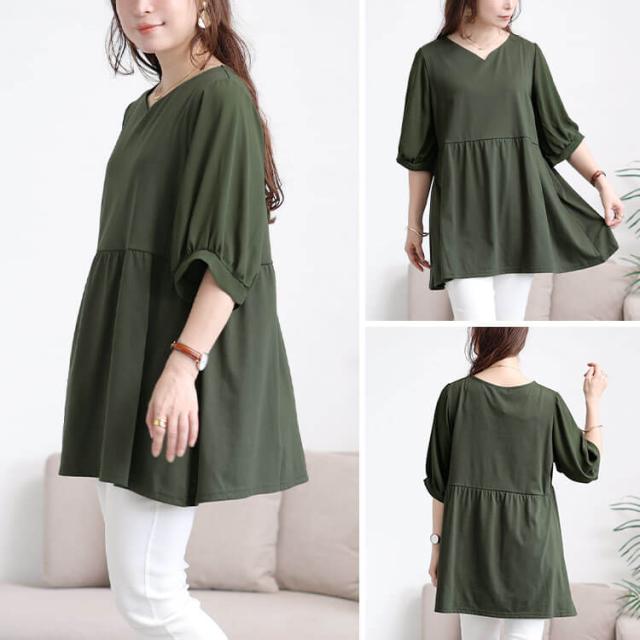 袖シフォン切り替えペプラムチュニック