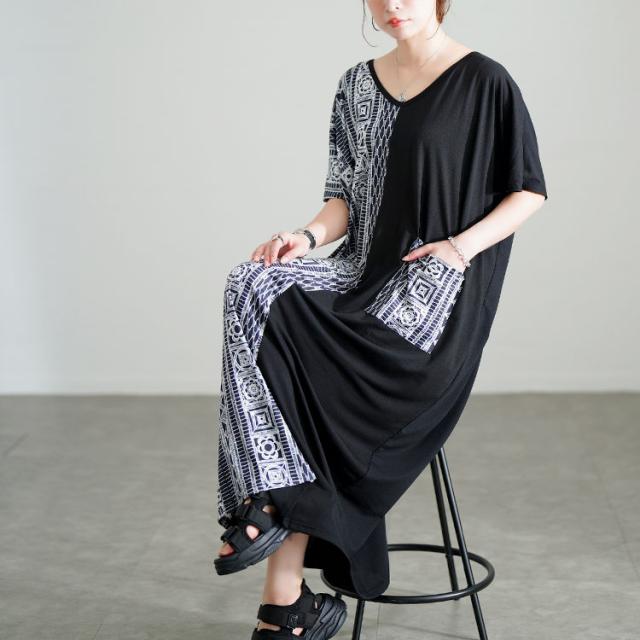 幾何学柄アシメ切り替えワンピース