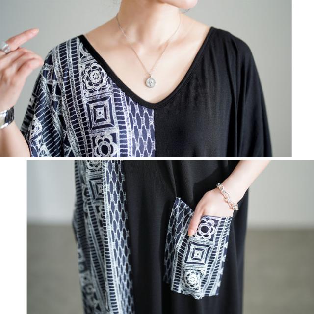 幾何学柄アシメ切り替えワンピース