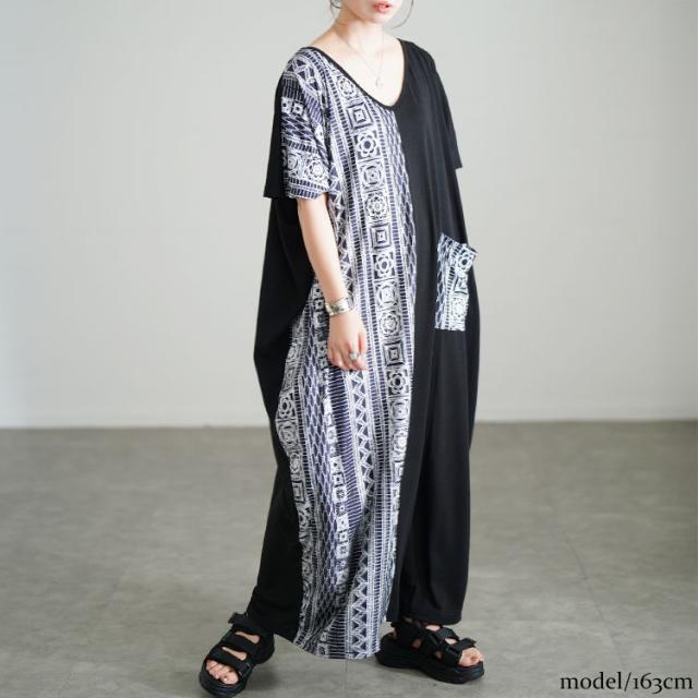 幾何学柄アシメ切り替えワンピース