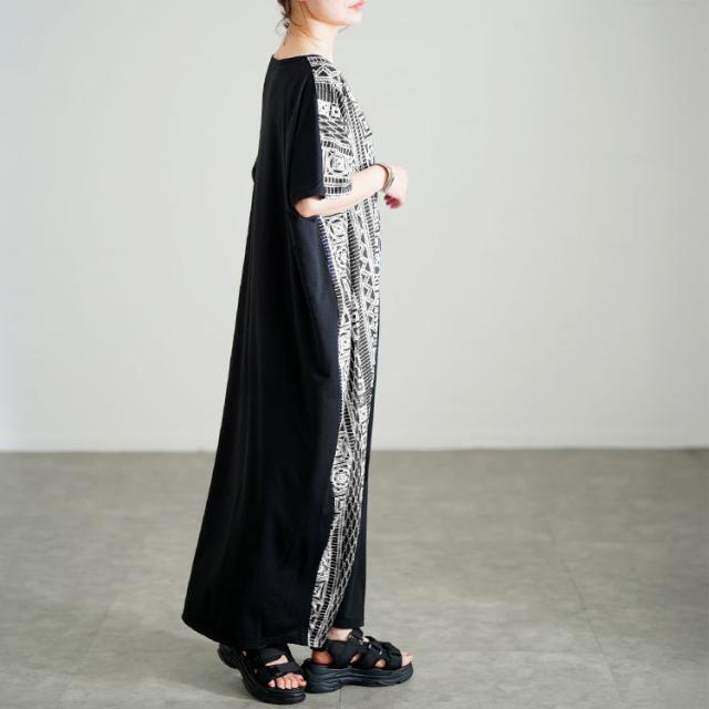 幾何学柄アシメ切り替えワンピース