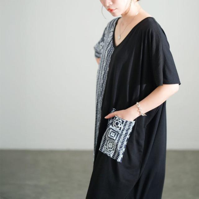 幾何学柄アシメ切り替えワンピース