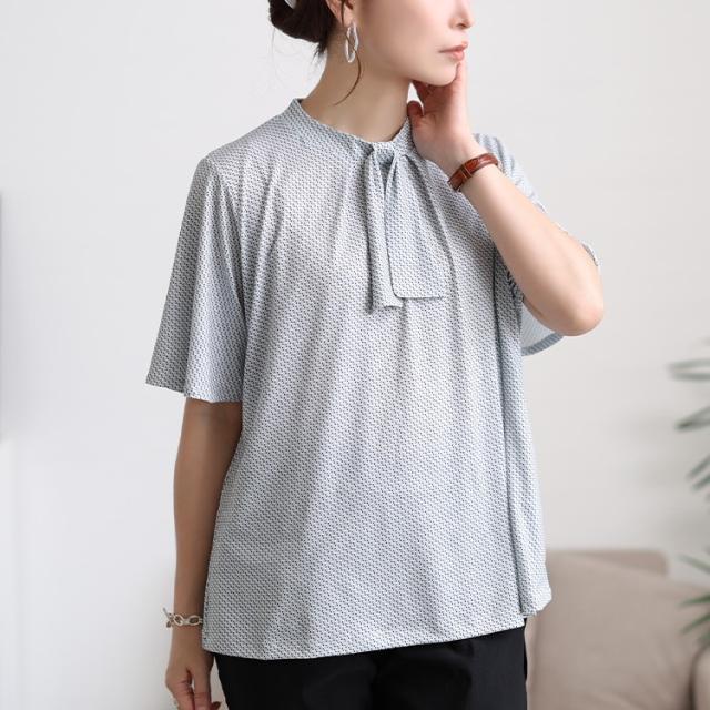 接触冷感ダイヤ柄ボウタイストレッチブラウス